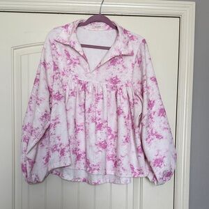 Women’s Pink Tie-Dye Long Sleeve Peasant Top - Oversized Size S